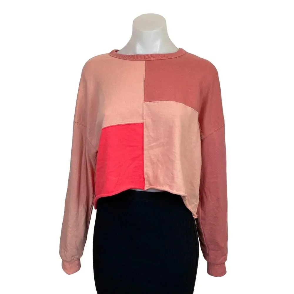 Wild Fable Womens Pink Long Sleeve Color block Cropped Sweatshirt Sweater Top S - Picture 1 of 7